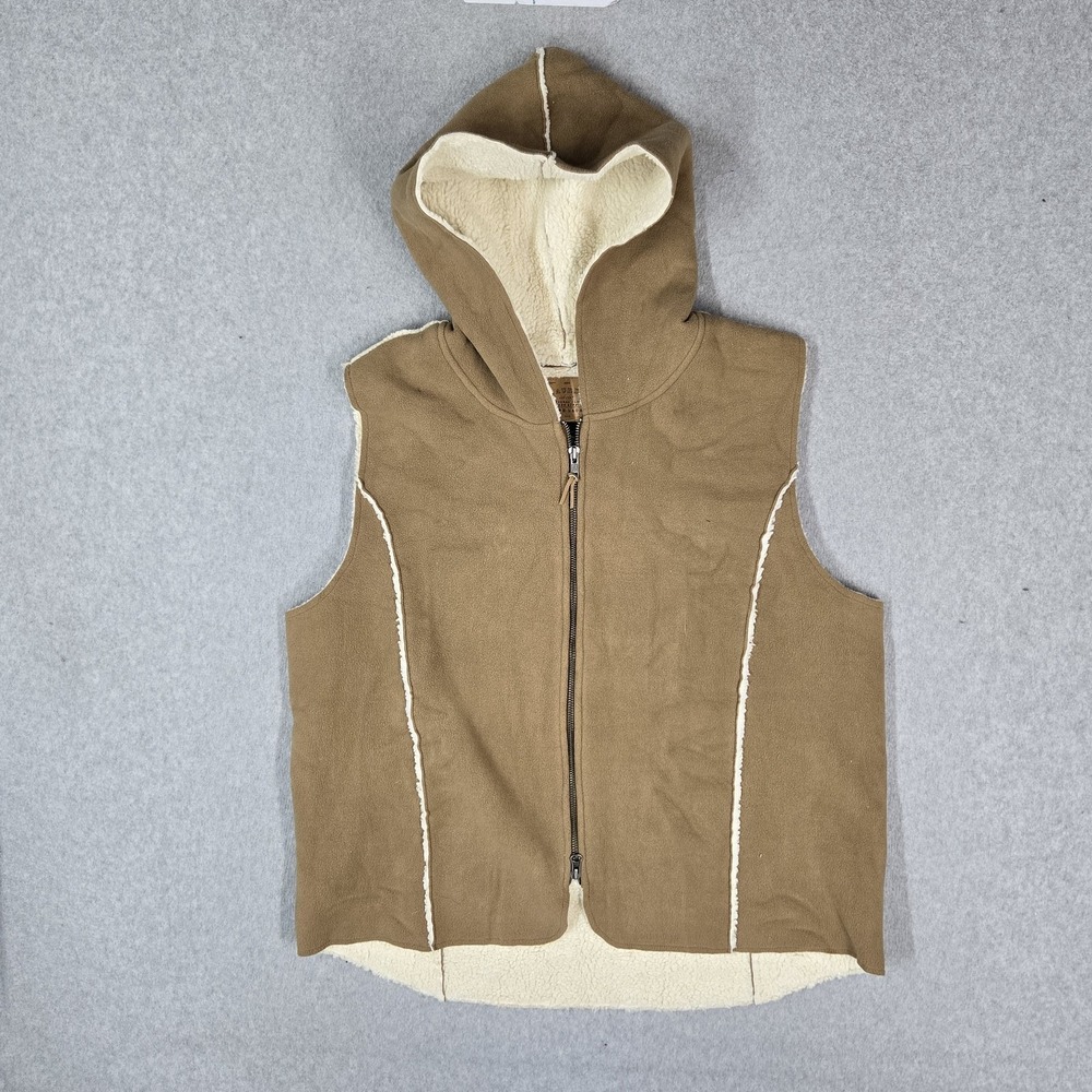 Ralph Lauren Women Jacket 1X Brown Vest Fleece Sherpa Full Zip Sleeveless Hooded
